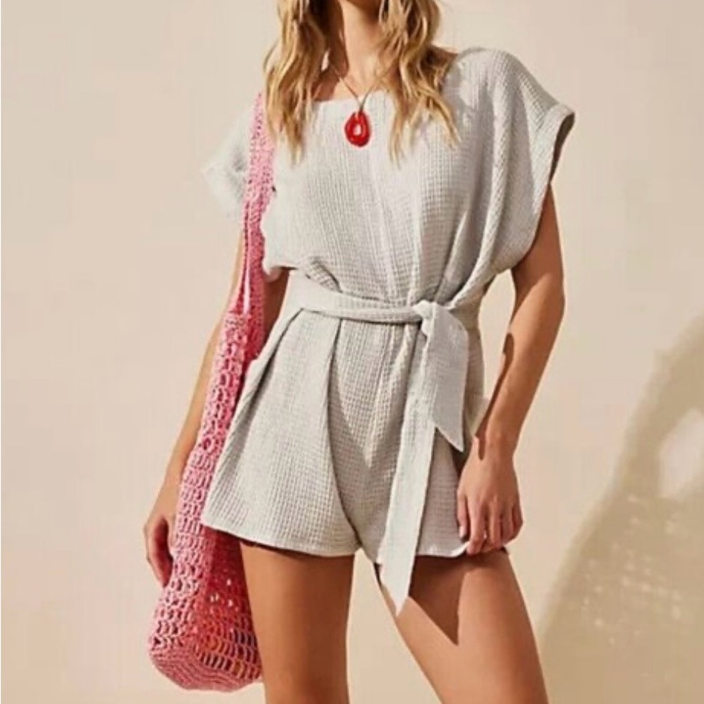 Free People Cream Waffle-Knit Tie-Waist Romper
